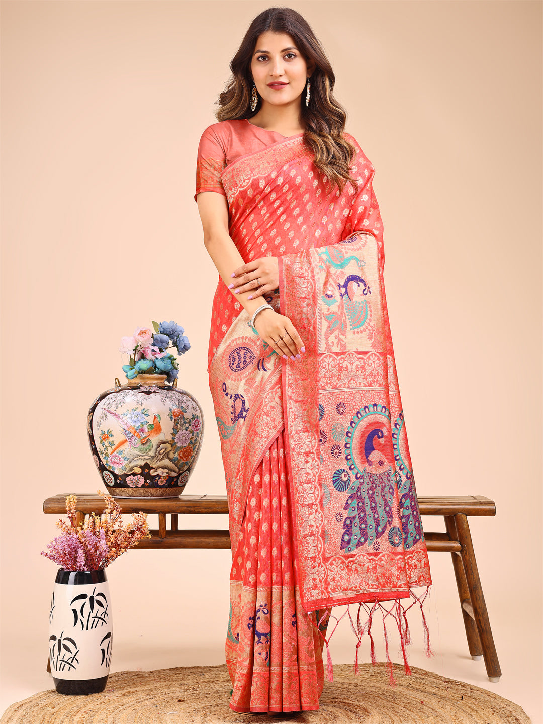 Peach Linen Cotton Saree