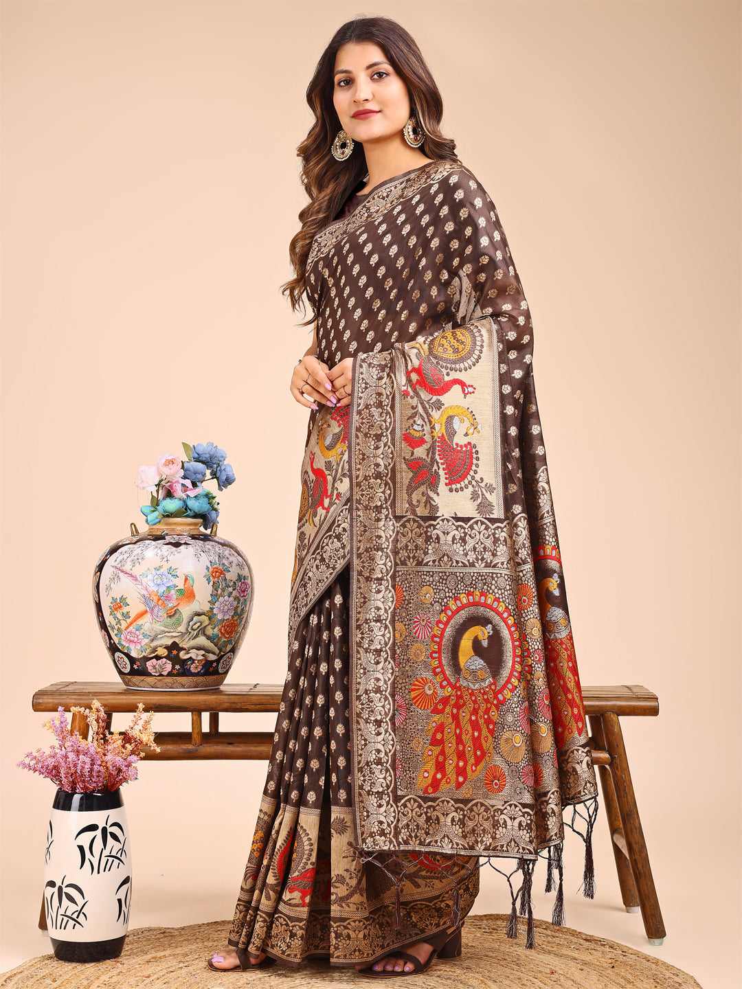 Brown Linen Cotton Saree