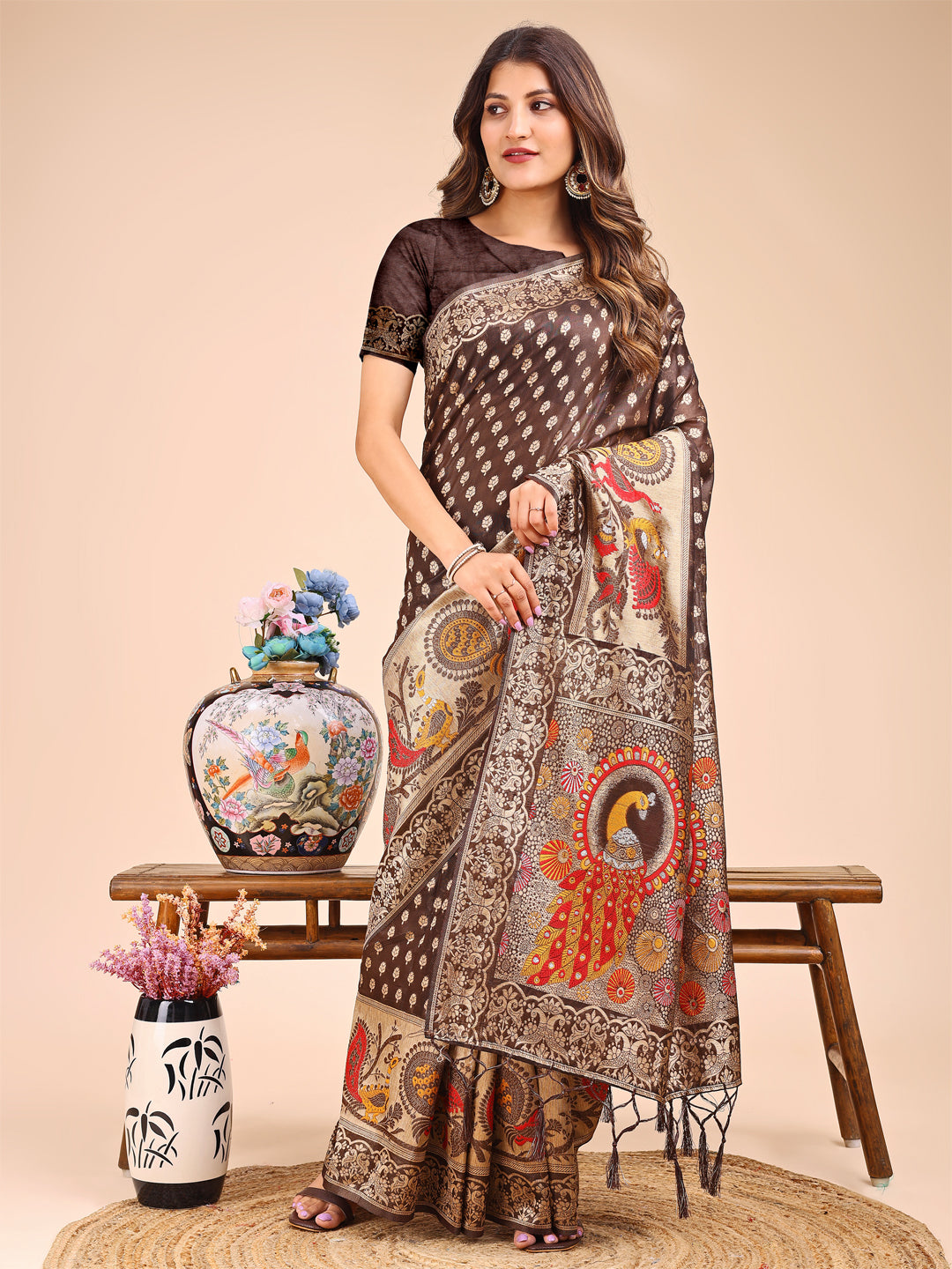 Brown Linen Cotton Saree