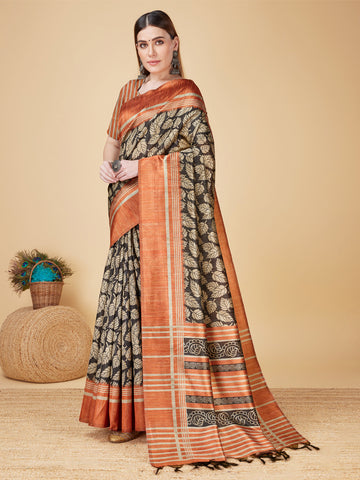 Cream and Black Soft Silk Saree