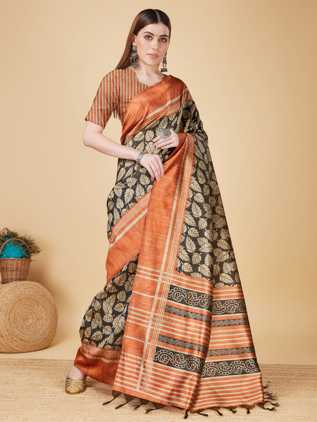 Cream and Black Soft Silk Saree