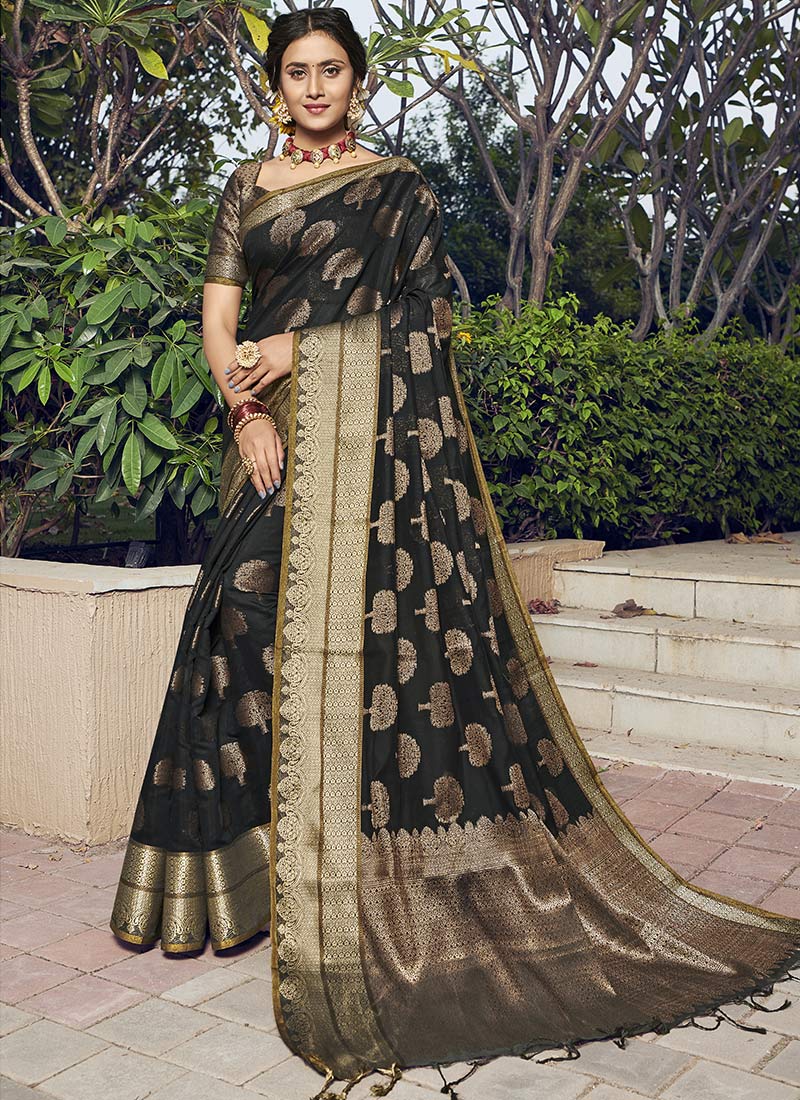 Black Chanderi Cotton Saree