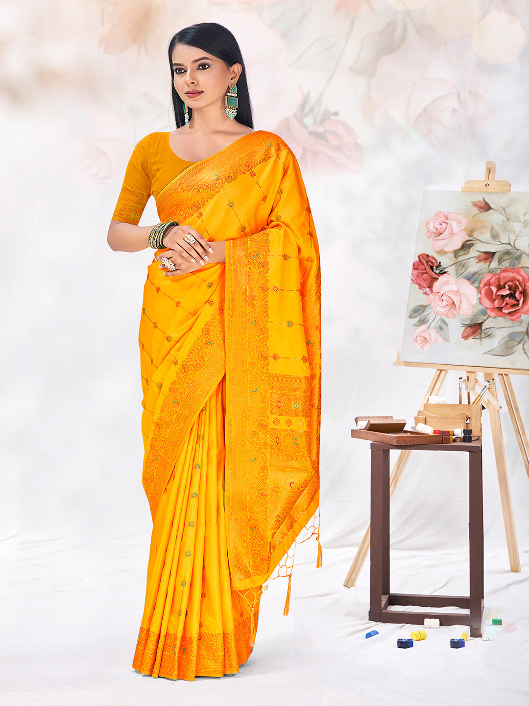 Sangam Yellow Green Silk Saree