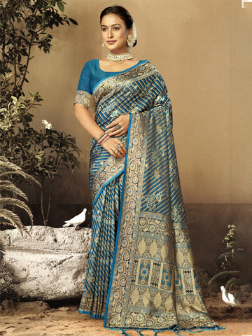 Sangam Blue Satin Silk Saree