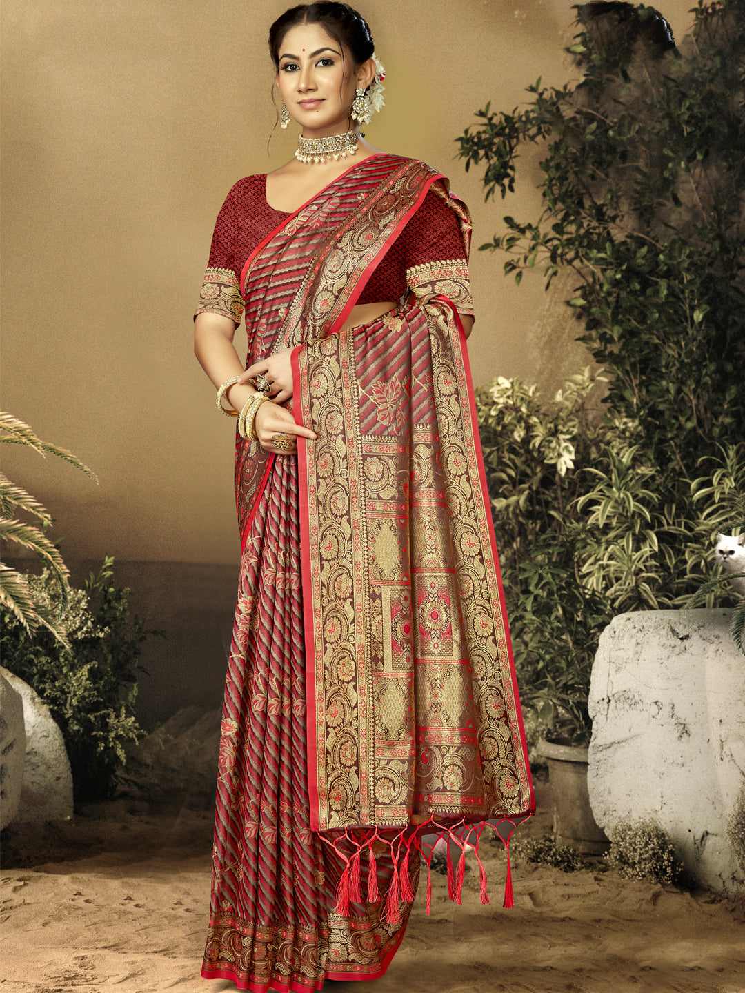 Red Satin Silk Saree