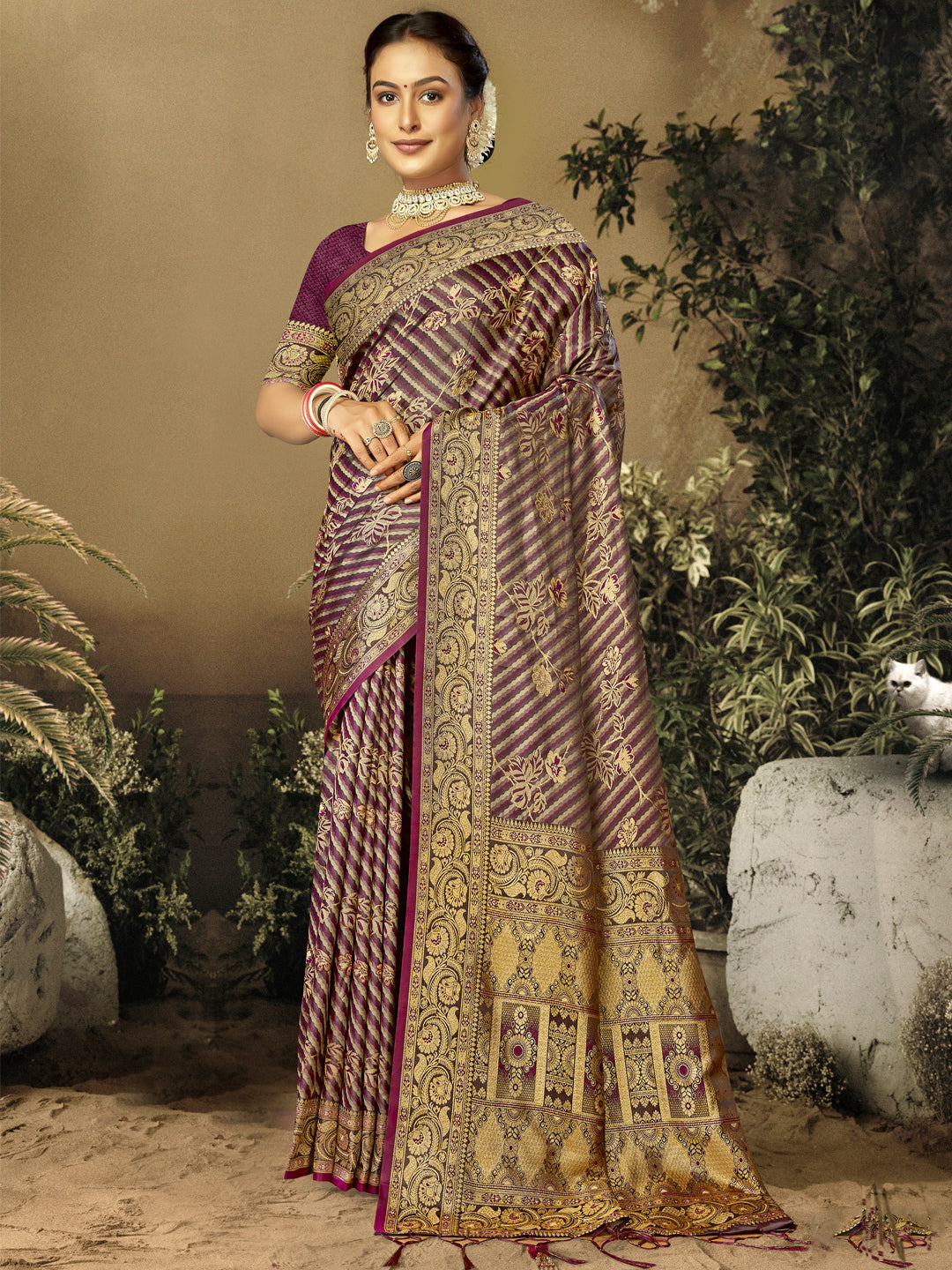 Wine Satin Silk Saree