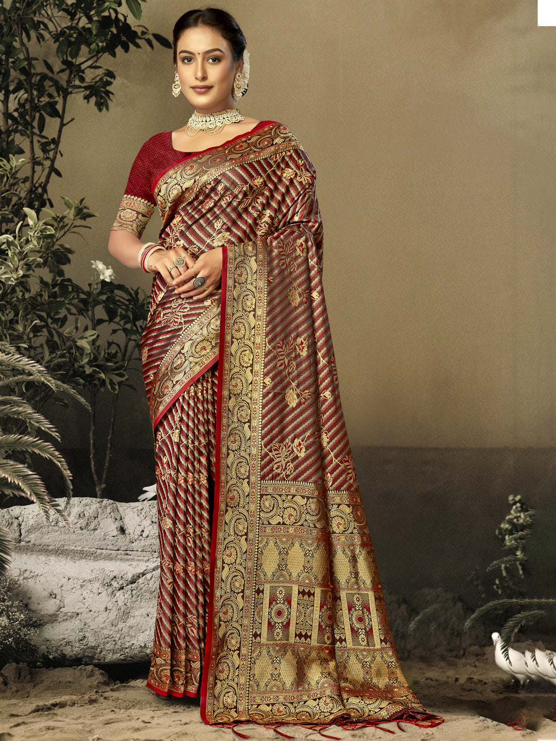 Maroon Satin Silk Saree