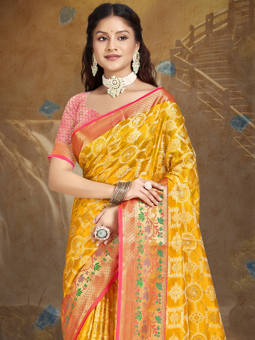 Sangam Yellow  Silk Saree