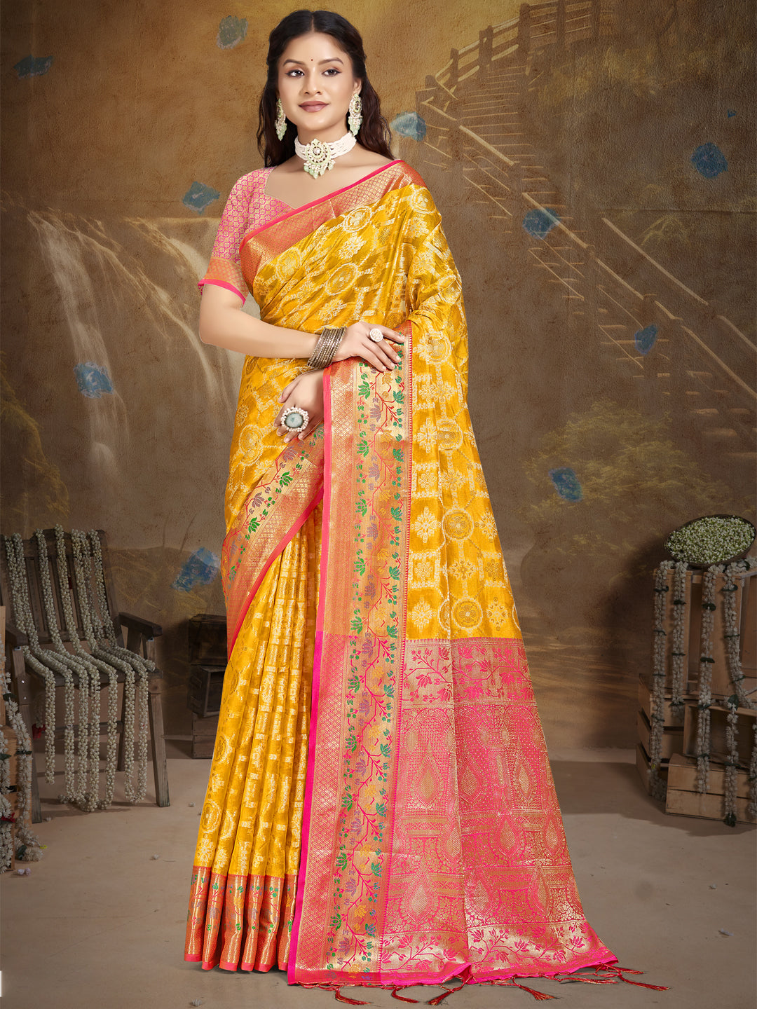 Sangam Yellow  Silk Saree