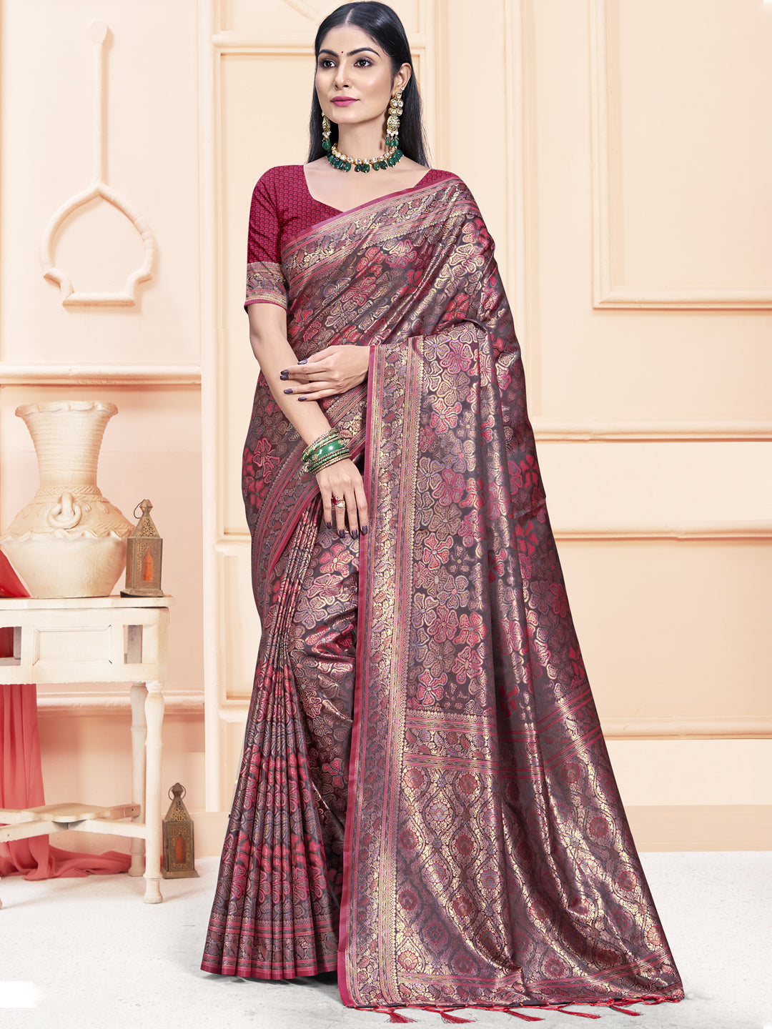 Brown Satin Silk Saree