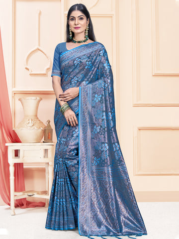 Sangam Blue Satin Silk Saree