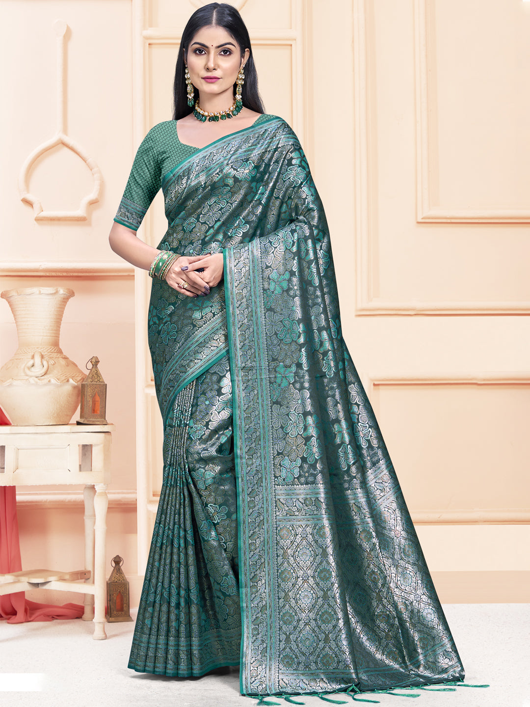 Rama Green Satin Silk Saree