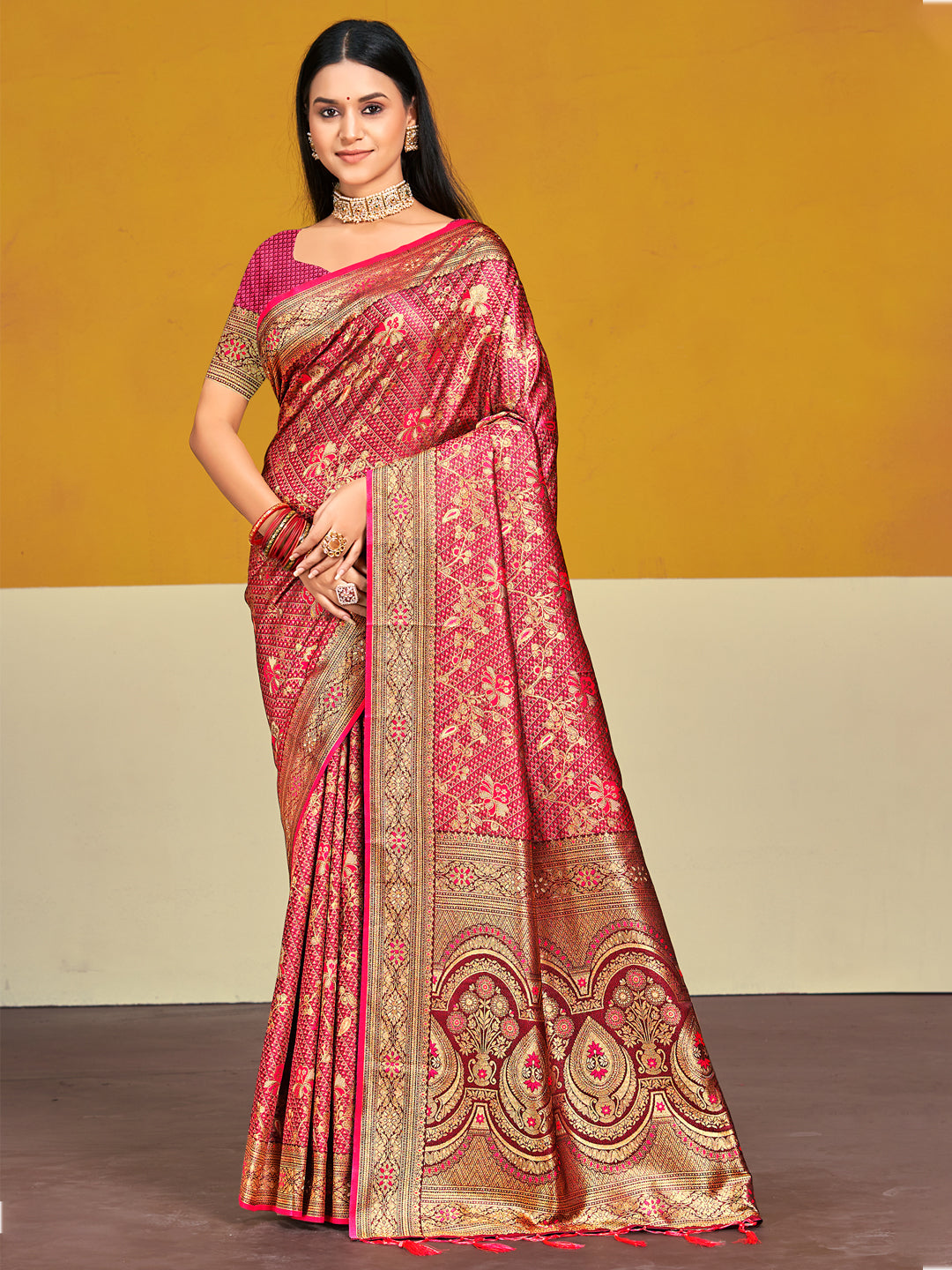 Pink Satin Silk Saree With Designer Woven Work