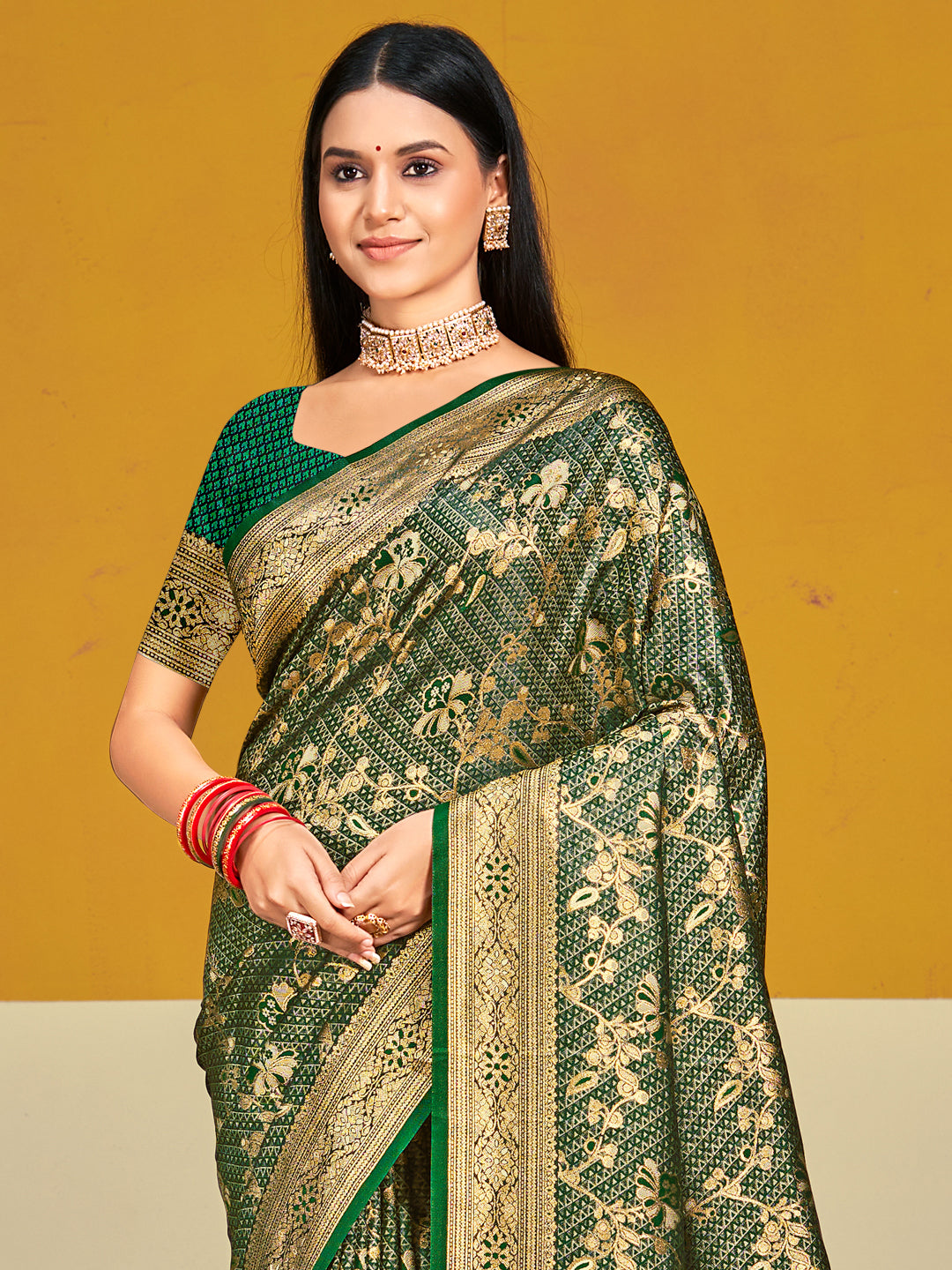 Sangam Dark Green Satin Silk Saree