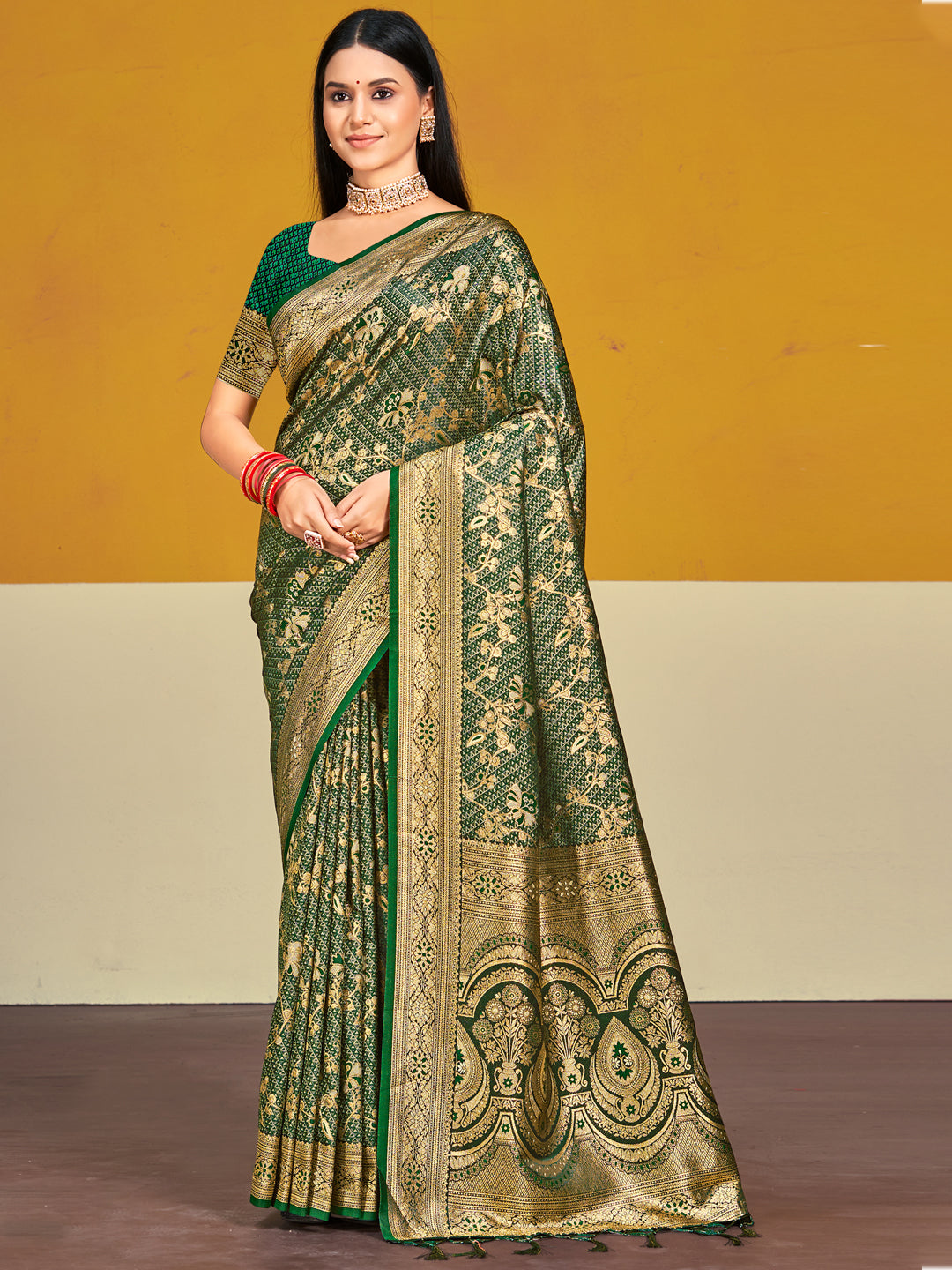 Dark Green Satin Silk Saree With Designer Woven Work