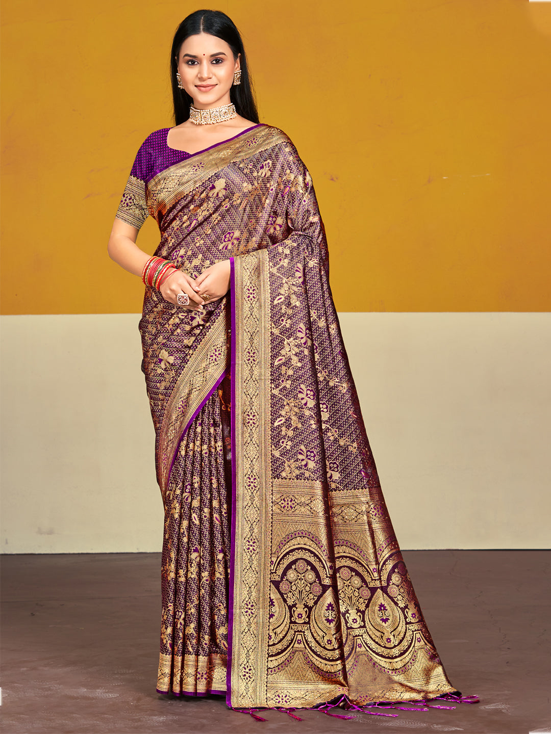 Wine Satin Silk Saree With Designer Woven Work