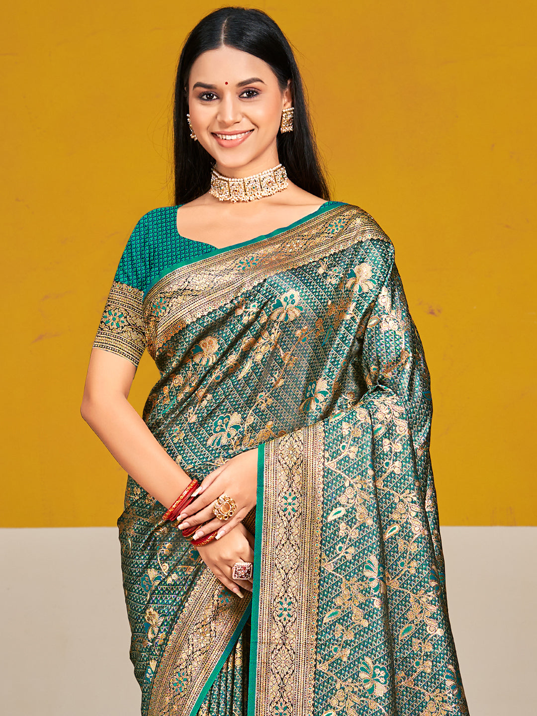 Teal Green Satin Silk Saree