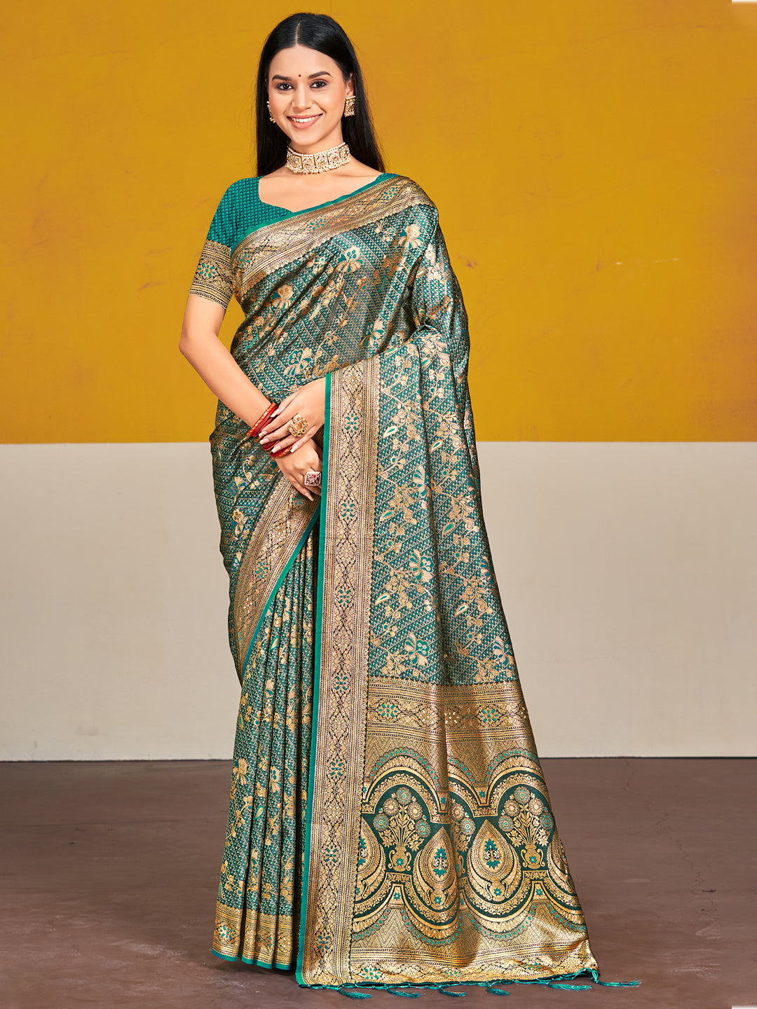 Teal Green Satin Silk Saree With Designer Woven Work