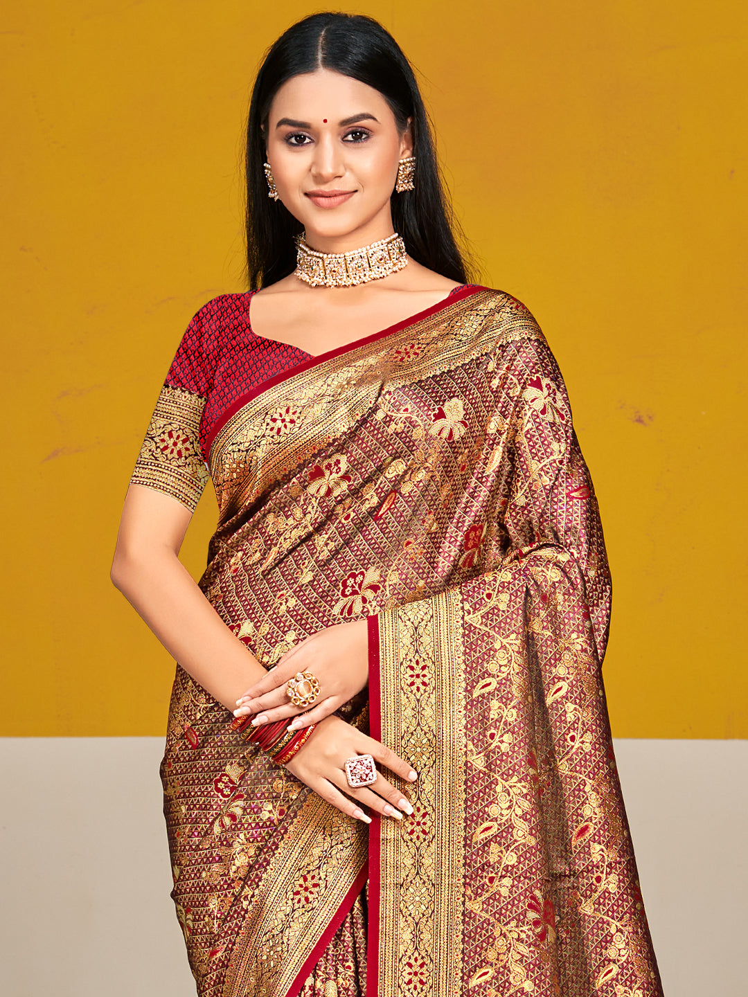 Sangam Maroon Satin Silk Saree