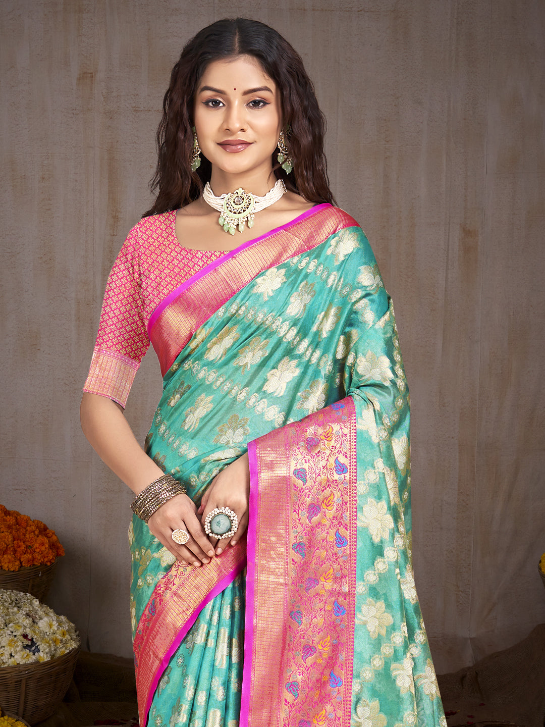 Sky Blue Silk Saree with Floral design