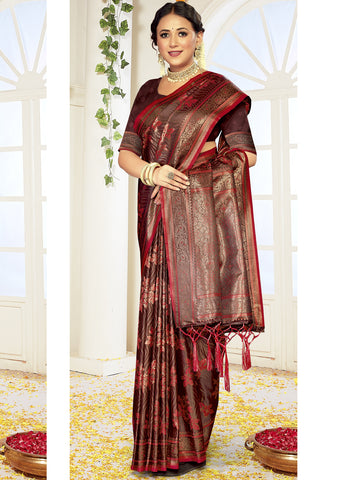 Brown Satin Silk Saree