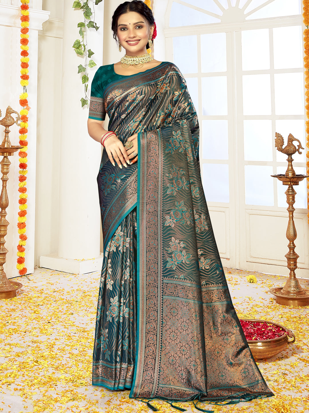 Teal Green Satin Silk Saree