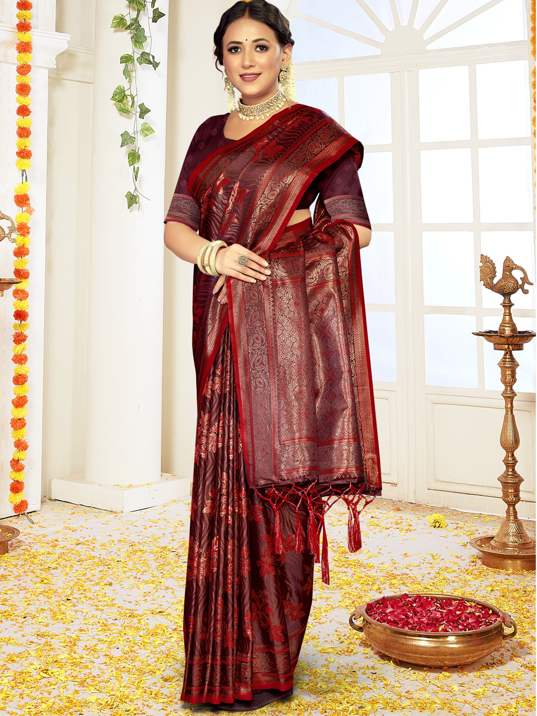 Brown Satin Silk Saree