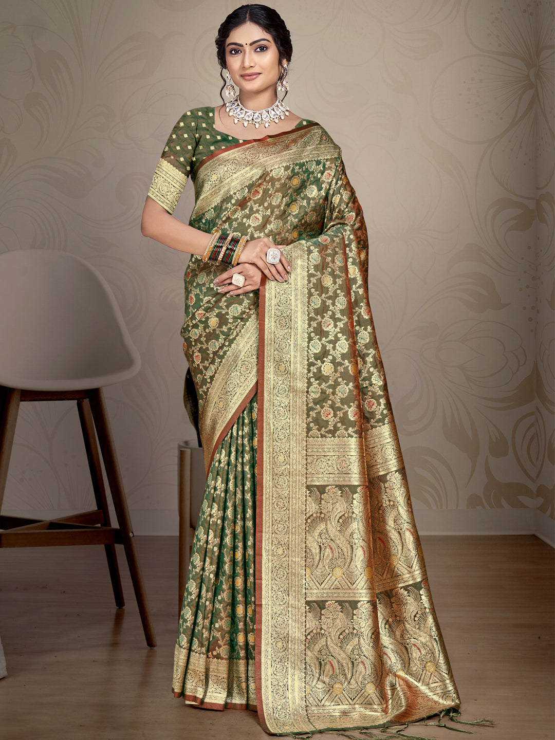 Olive Green Silk Saree