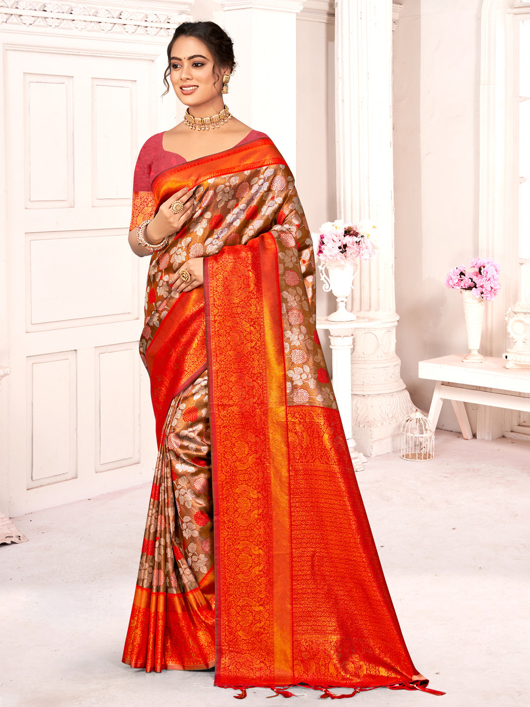 Light Brown Kanjivaram Silk Saree