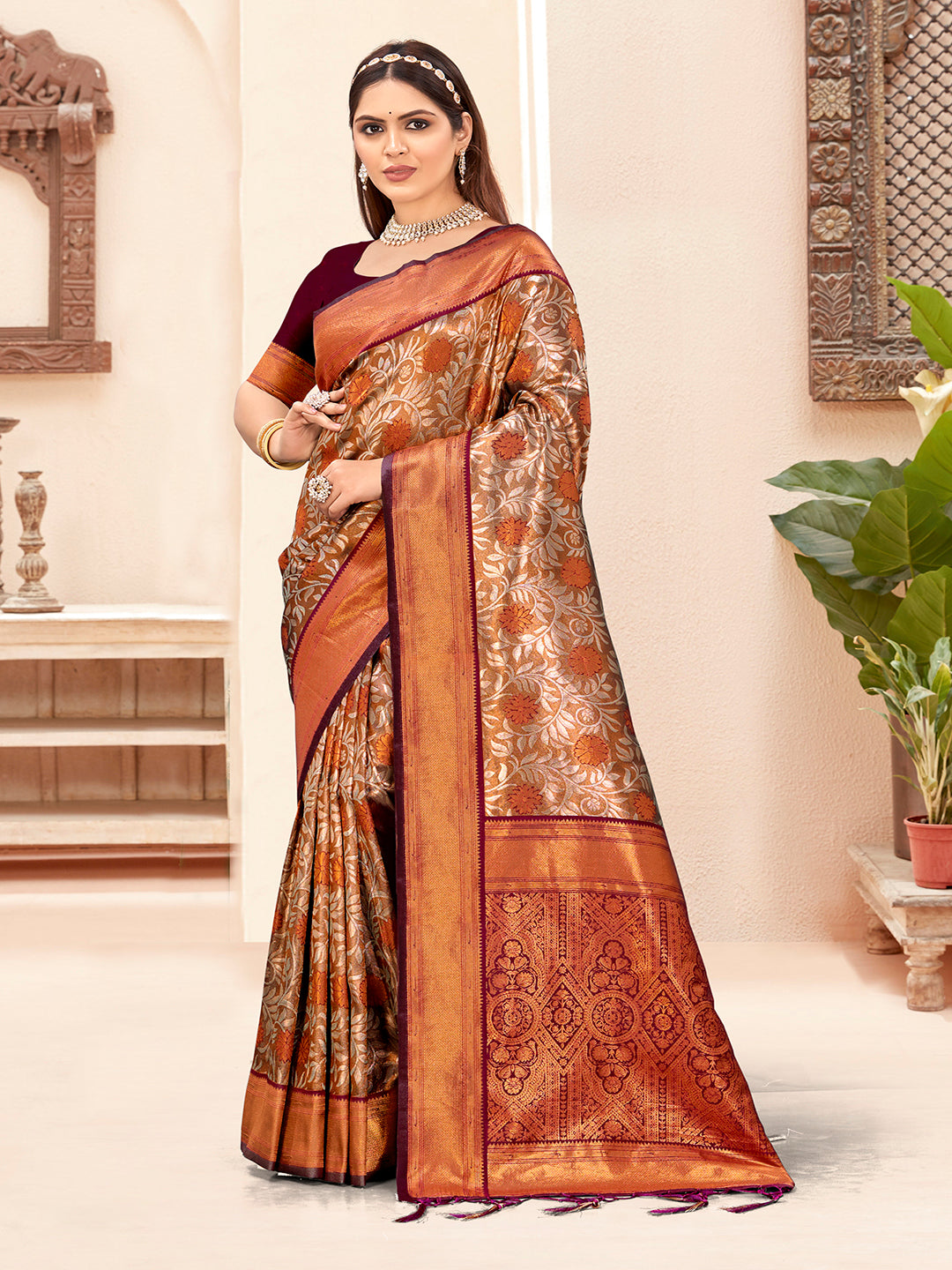 Brown Silk Saree With Attractive Floral Work