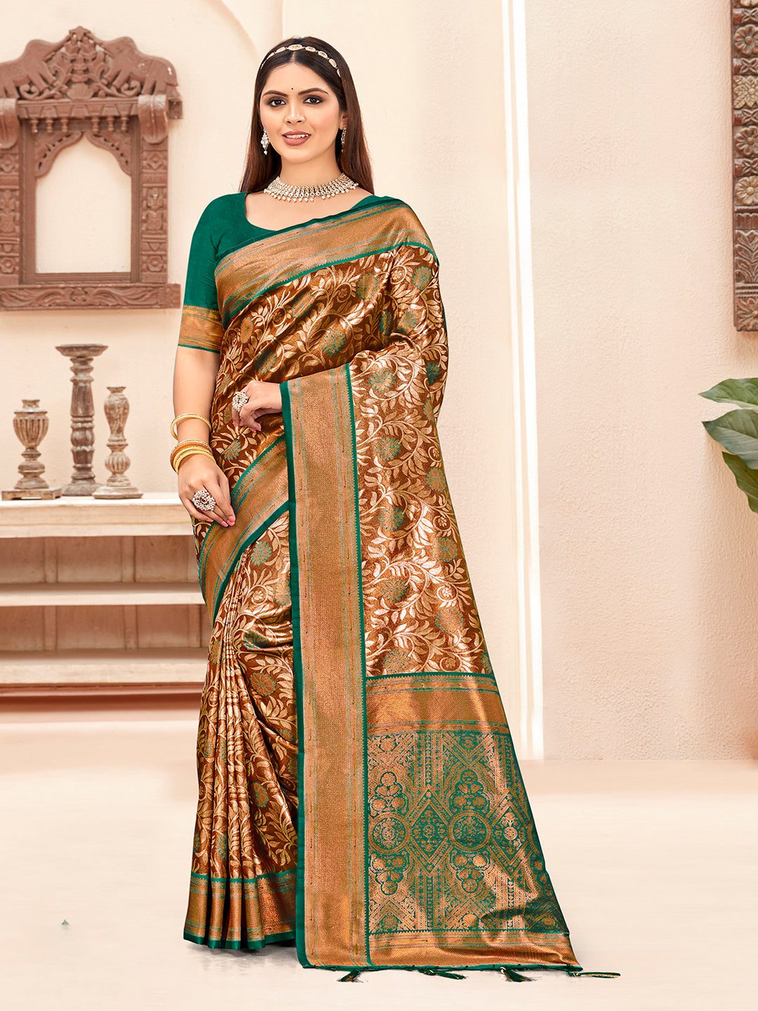 Brown Silk Saree With Attractive Floral Work