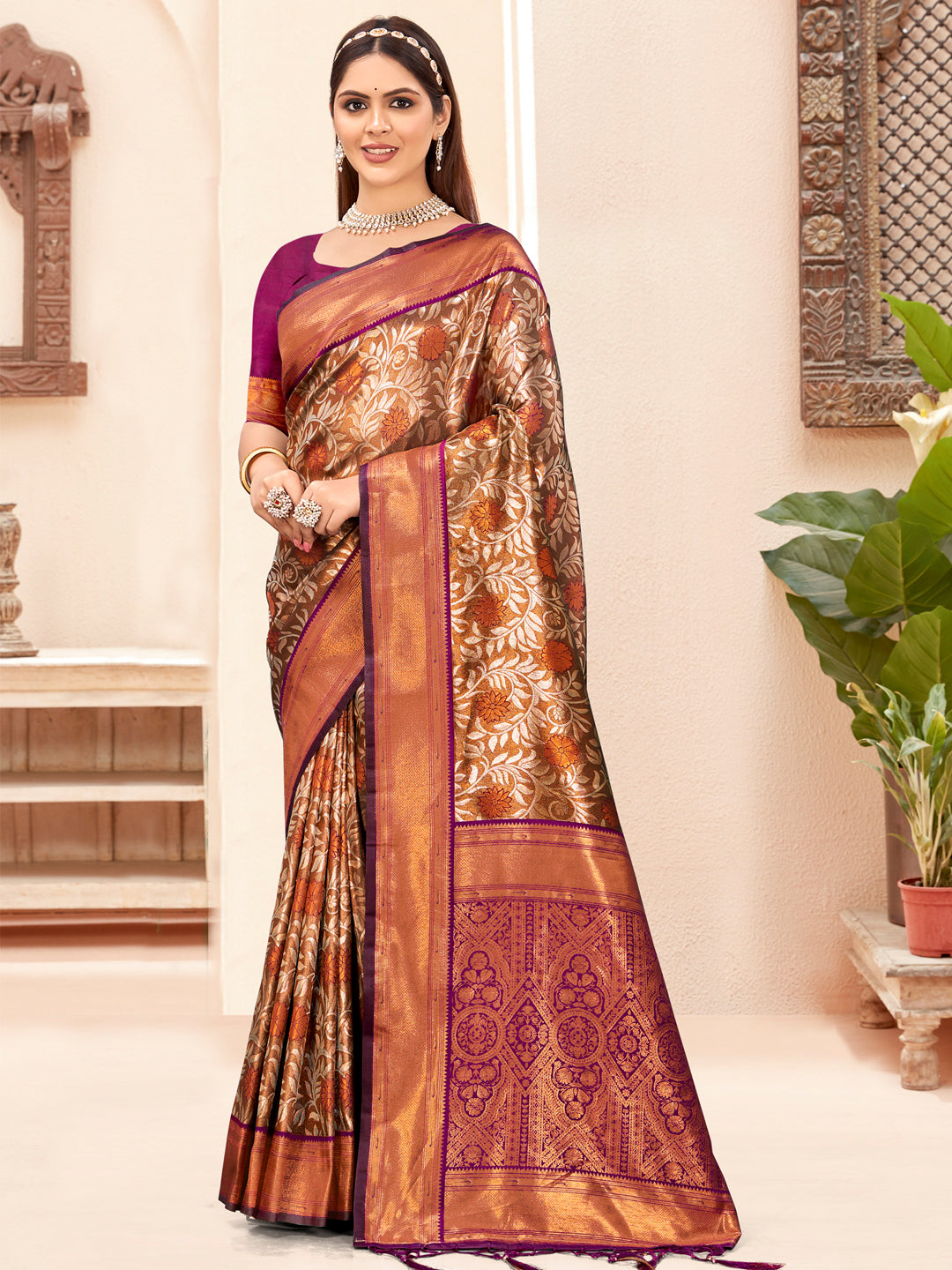 Brown Silk Saree With Attractive Floral Work