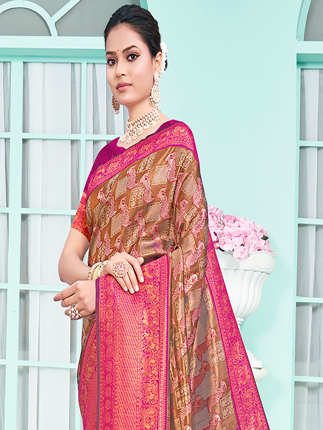 Brown And Pink Woven Silk Saree