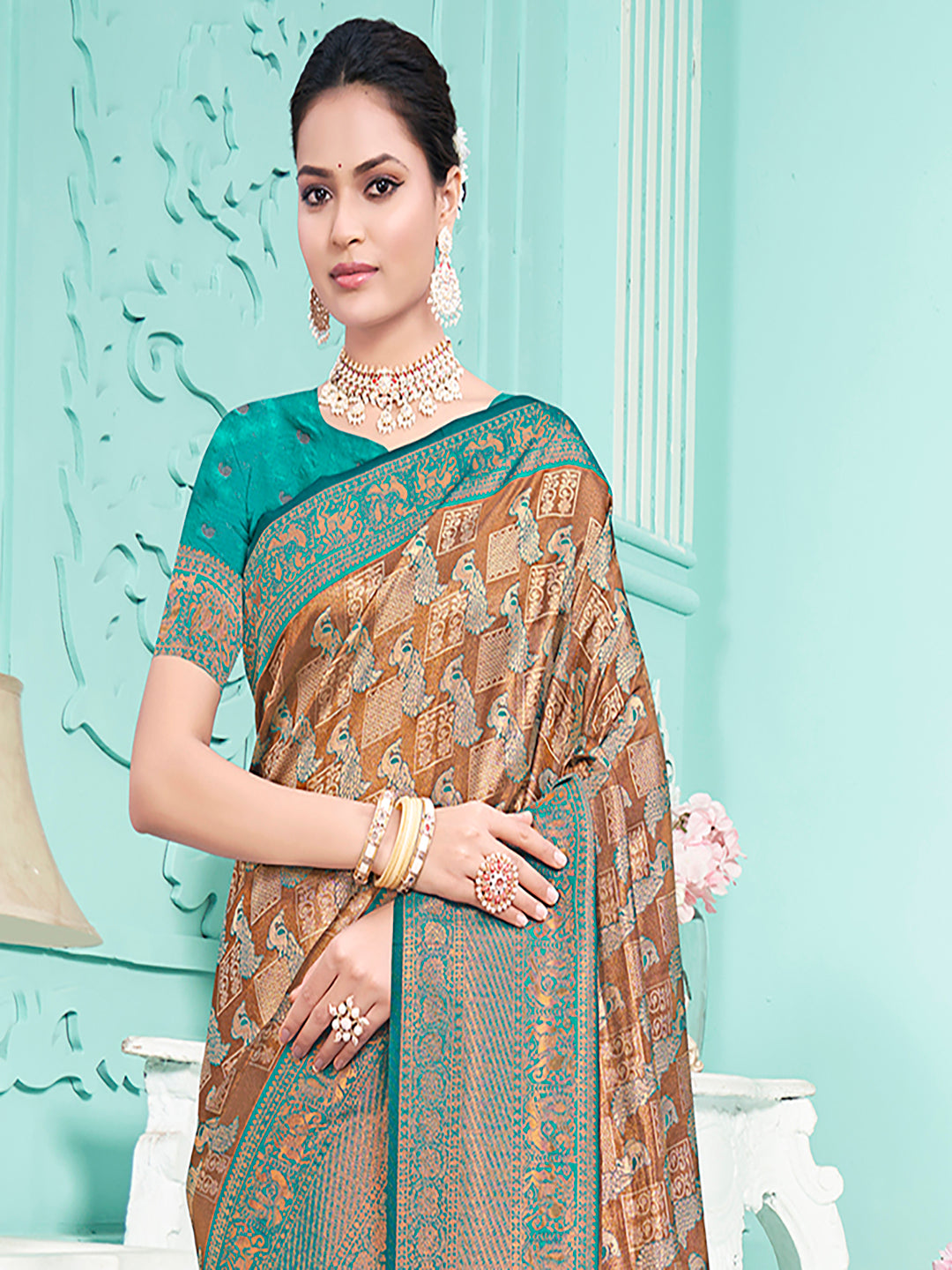 Brown and Light Blue Woven Silk Saree