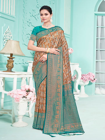 Brown and Light Blue Woven Silk Saree