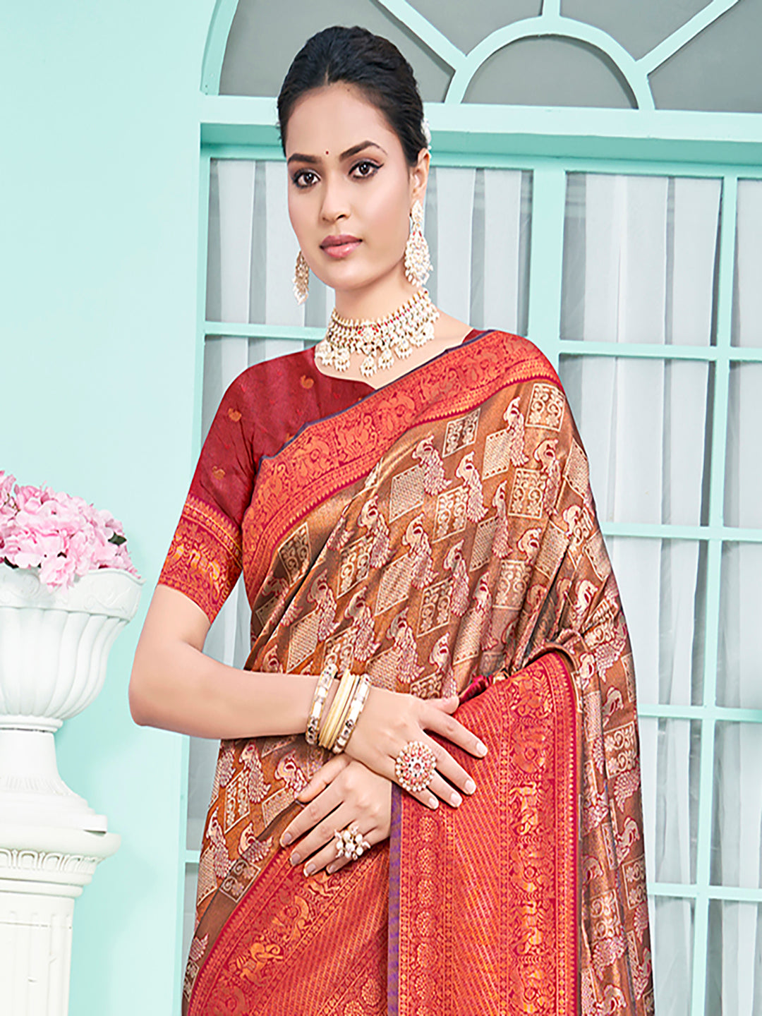 Brown and Red Woven Silk Saree