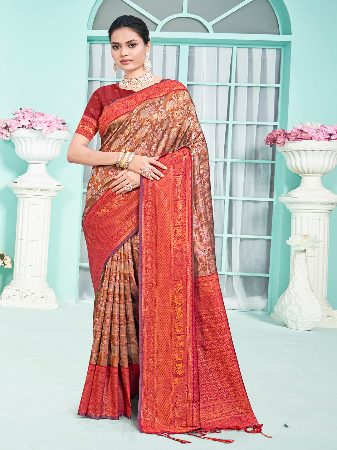 Brown and Red Woven Silk Saree