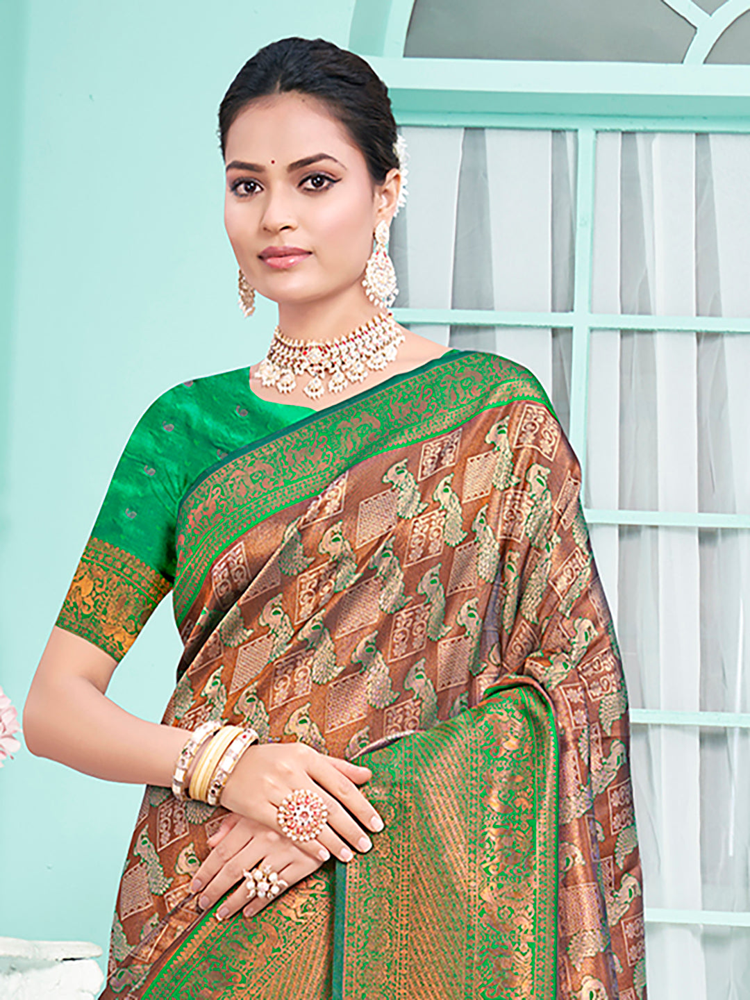 Brown and Green Woven Silk Saree