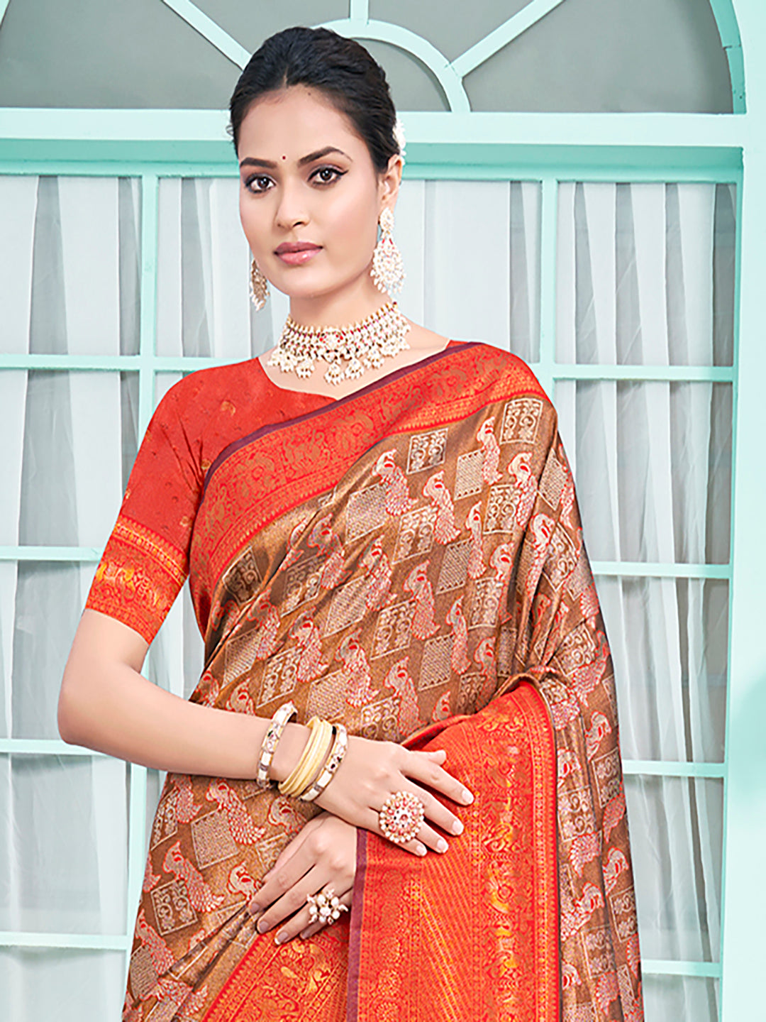 Brown and Orange Woven Silk Saree