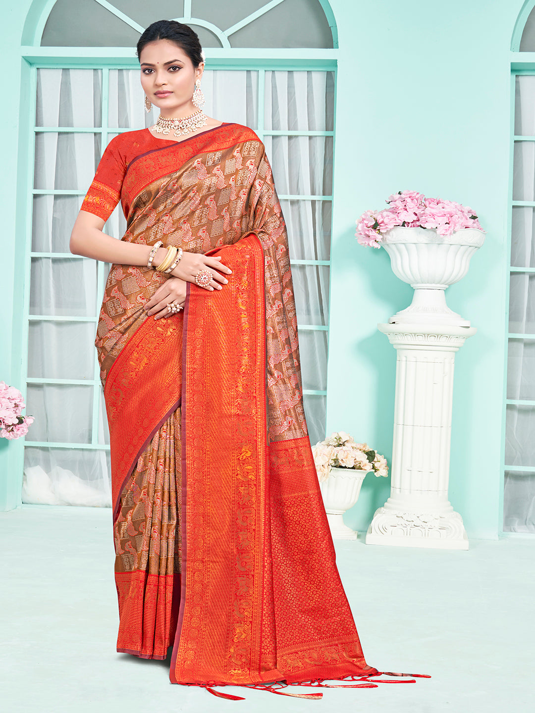 Brown and Orange Woven Silk Saree