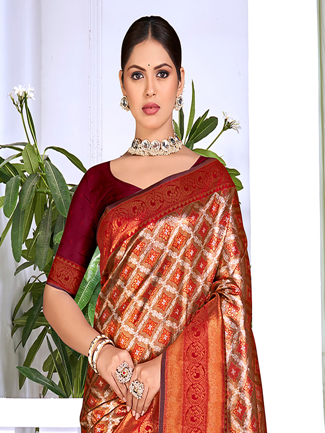 Light Brown and Orange Silk Saree