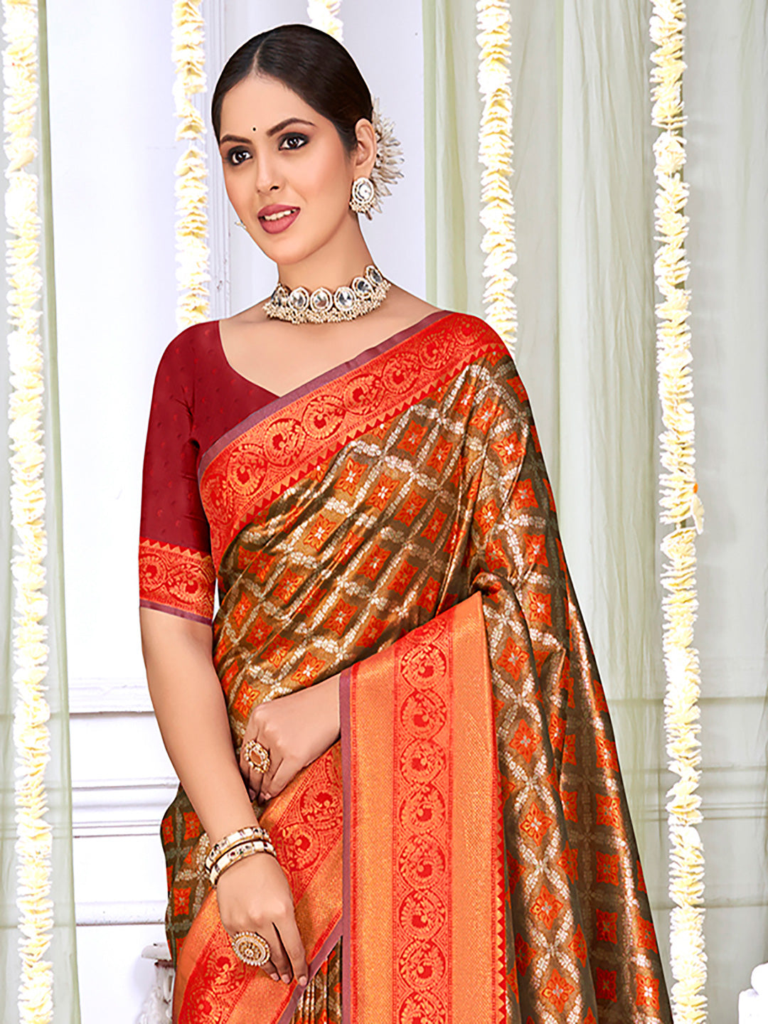 Brown and Orange Silk Saree