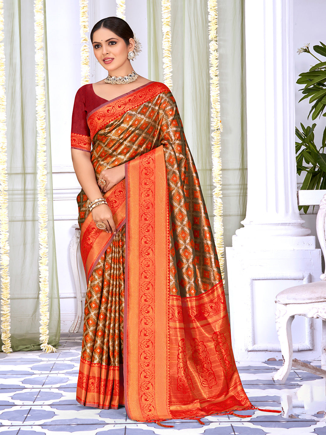 Brown and Orange Silk Saree