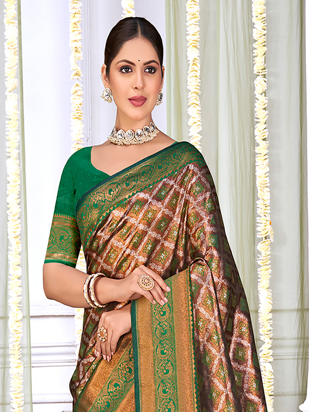 Brown and Green Silk Saree