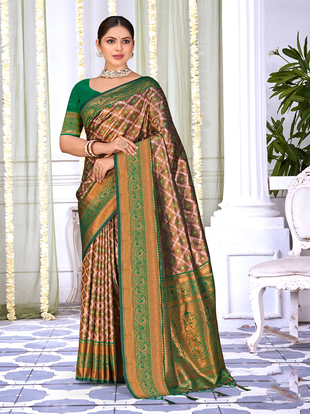 Brown and Green Silk Saree