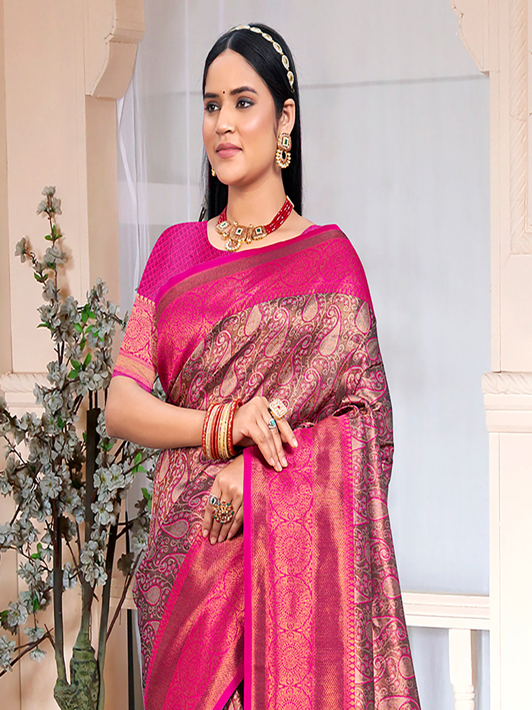 Light Brown and Pink Silk Saree