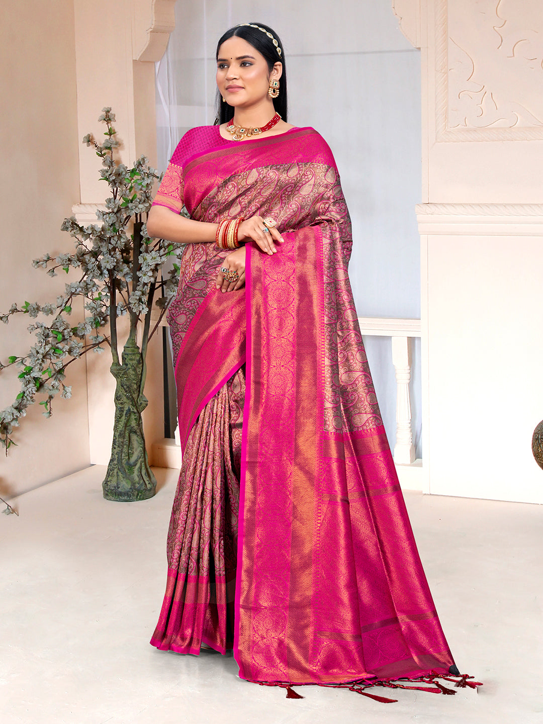 Light Brown and Pink Silk Saree