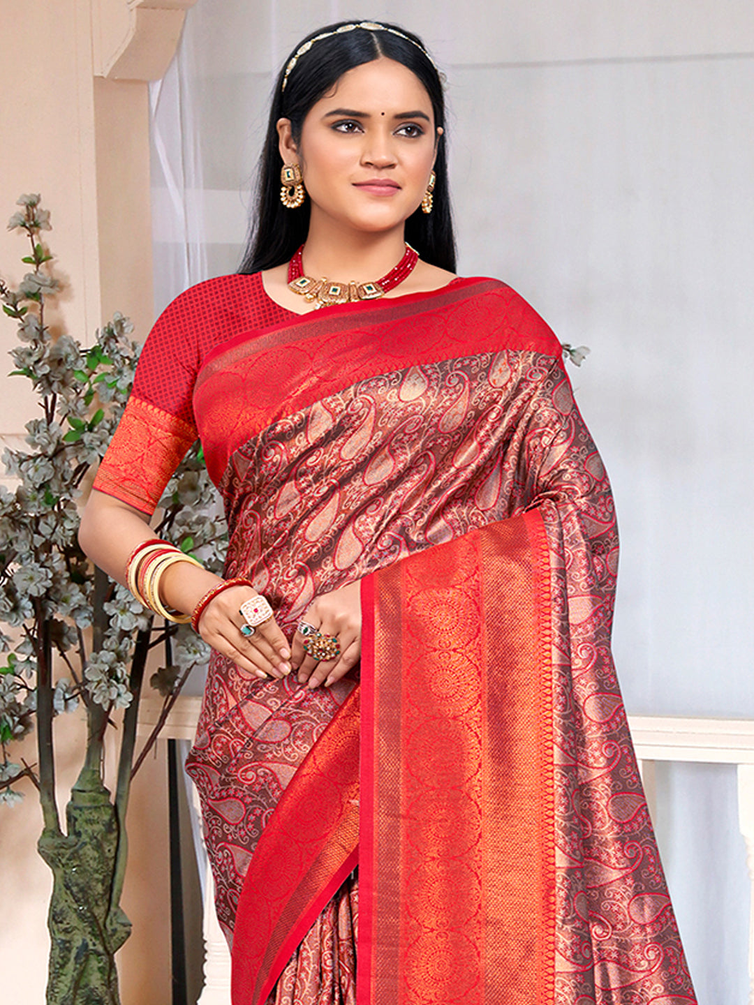 Light Brown and Red Silk Saree