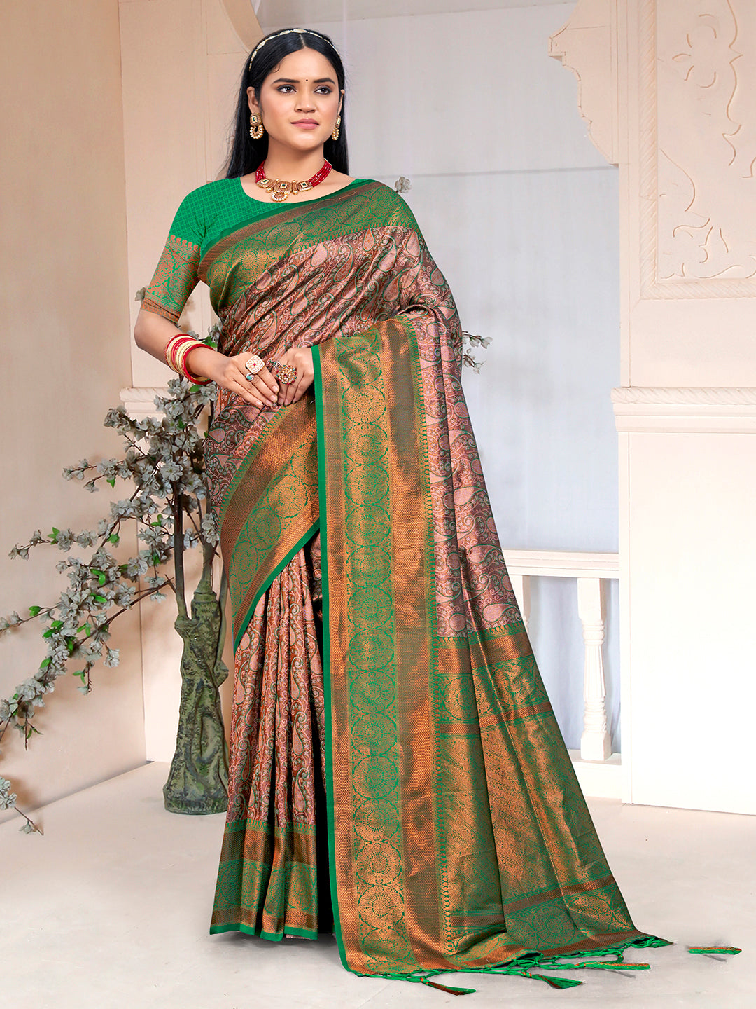 Light Brown And Green Silk Saree