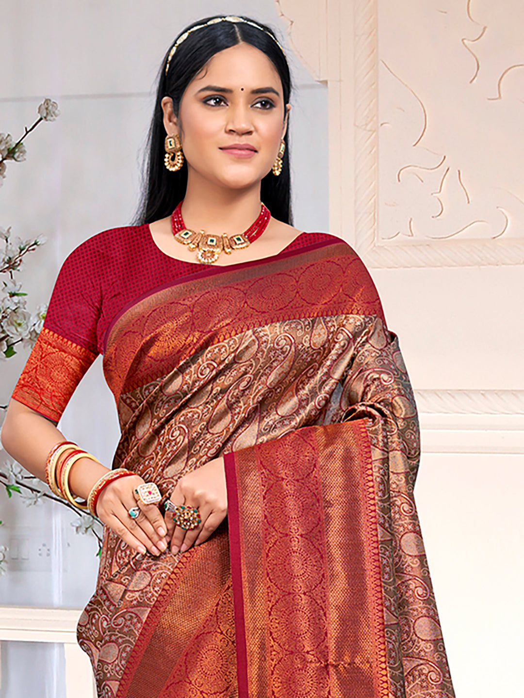 Brown and Maroon Silk Saree